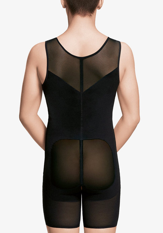 Ropa de compresión médica postquirúrgica negra con paneles transparentes, vista posterior