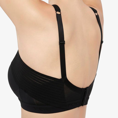 Sujetador negro de compresión médica postquirúrgica con tirantes ajustables y diseño ergonómico
