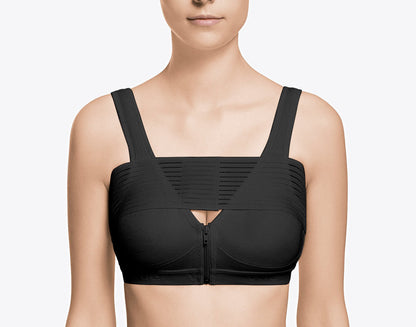 Brasier de compresión médica postquirúrgica negro con cierre frontal y diseño ergonómico