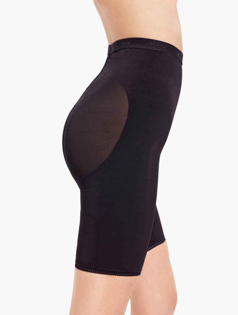 Shorts de compresión médica negros con panel trasero transparente, cómodos y ajustados para uso diario o postquirúrgico