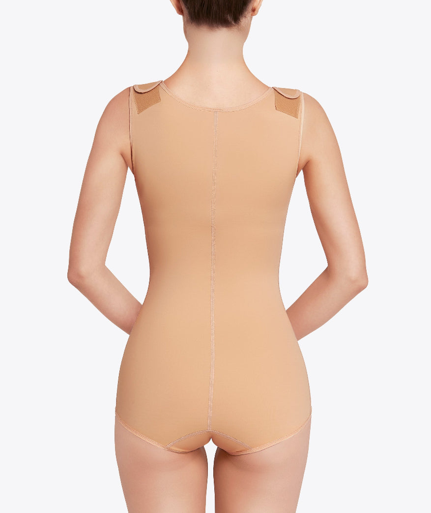 Prenda de compresión médica postquirúrgica para mujer, vista posterior, color piel, diseño ajustado y cómodo