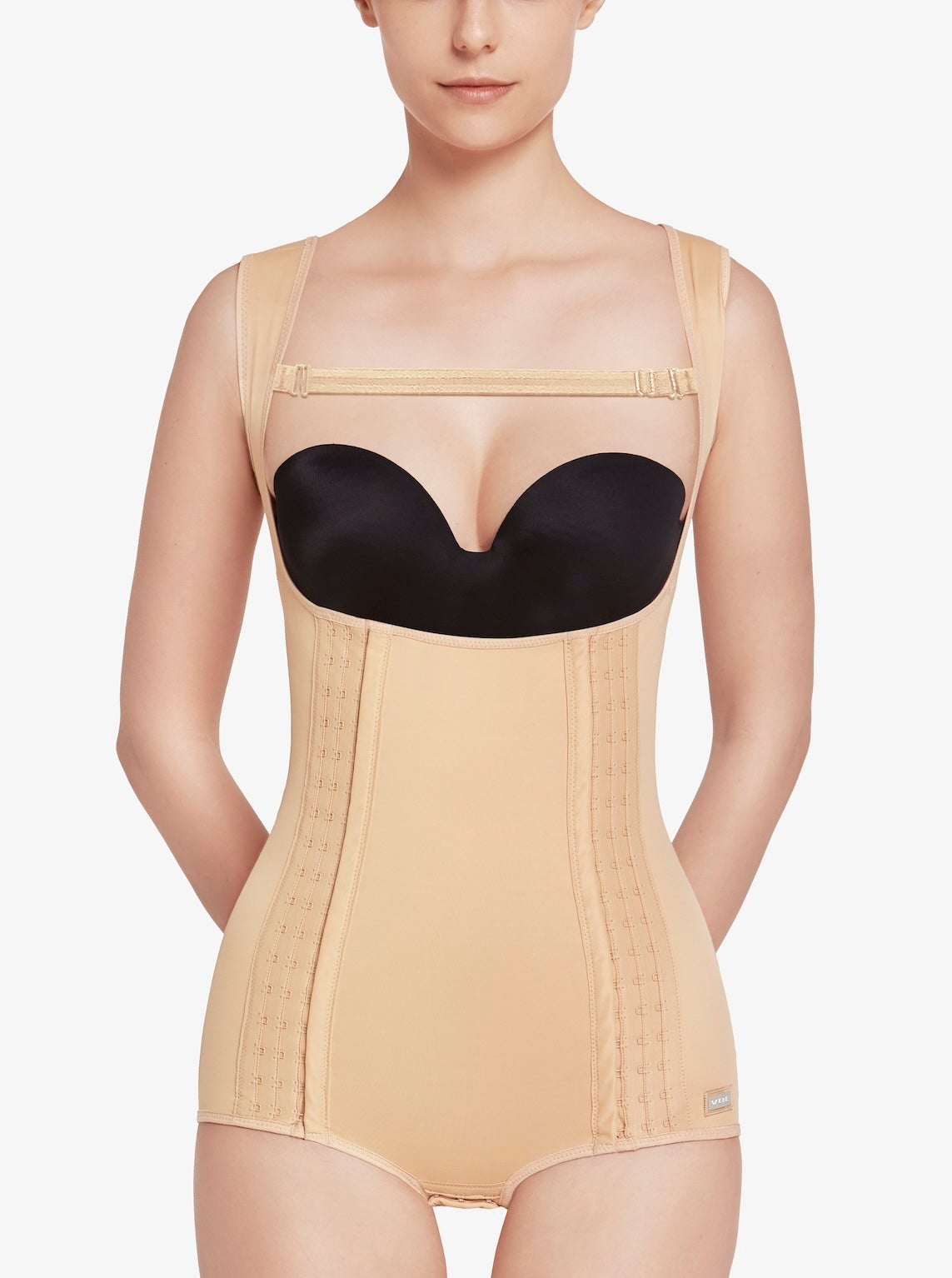 Faja postquirúrgica beige con sujetador negro, compresión médica para recuperación y uso diario