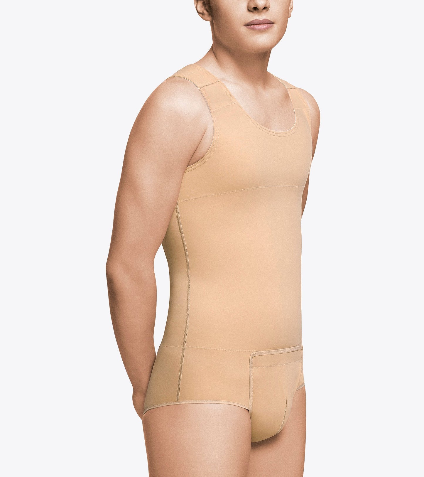 Prenda de compresión médica postquirúrgica para hombre, cómoda y ajustada, ideal para recuperación y uso diario.