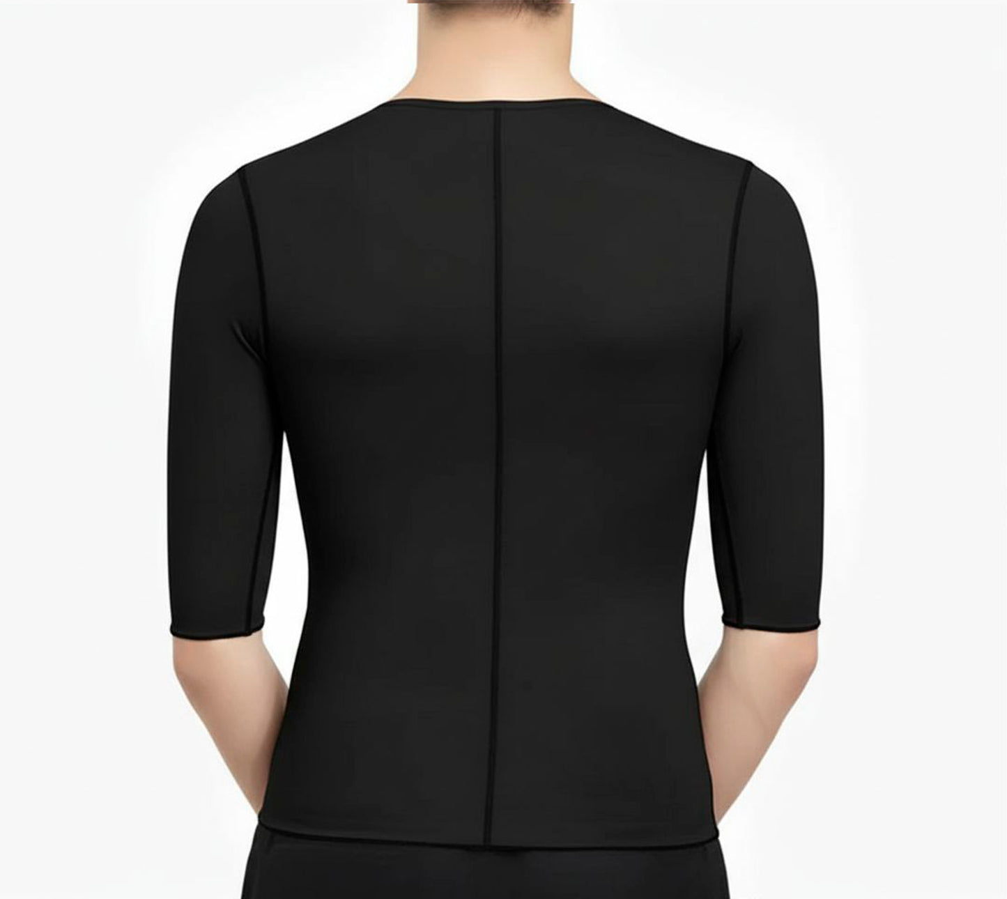 Camiseta de compresión médica postquirúrgica negra con manga tres cuartos, vista posterior