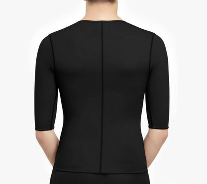 Camiseta de compresión médica postquirúrgica negra con manga tres cuartos, vista posterior