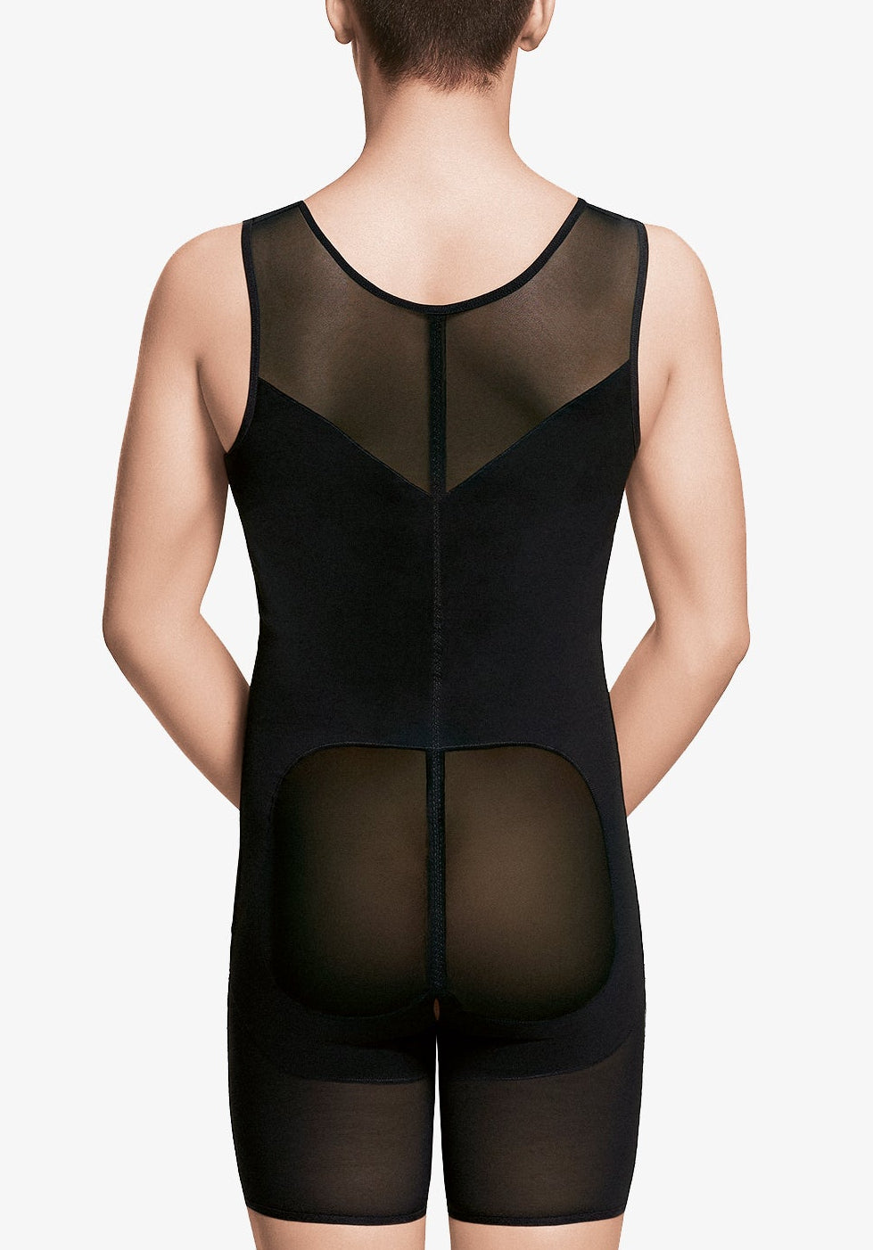 Ropa de compresión médica postquirúrgica negra con paneles transparentes, vista posterior