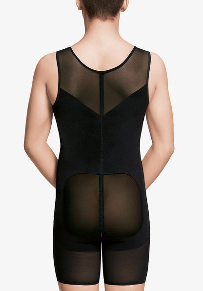 Ropa de compresión médica postquirúrgica negra con paneles transparentes, vista posterior