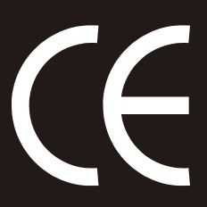 Logotipo CE en blanco sobre fondo oscuro, indicando cumplimiento de normas europeas