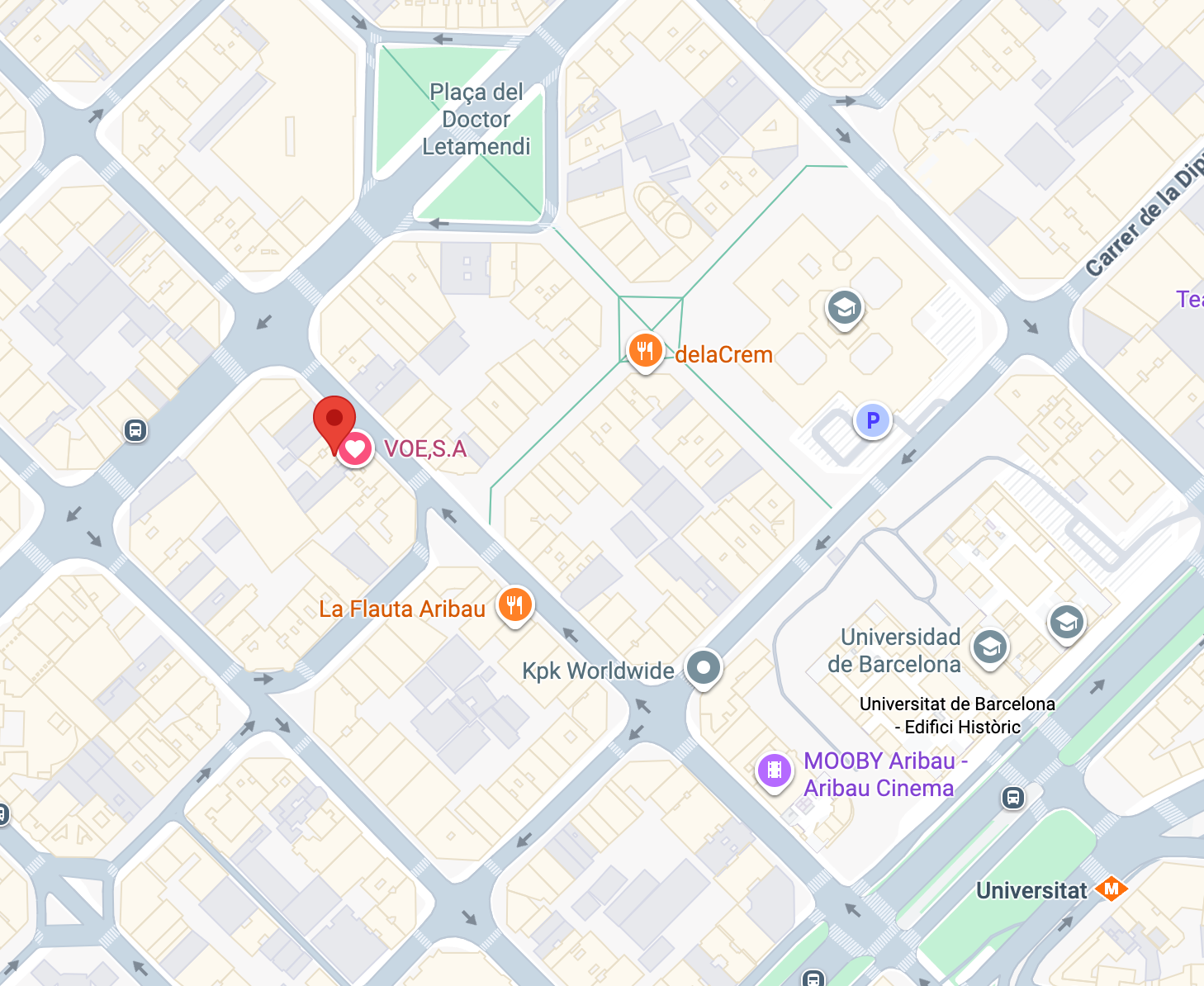 Mapa con ubicación de VOE, S.A. cerca de Plaça del Doctor Letamendi y Universidad de Barcelona