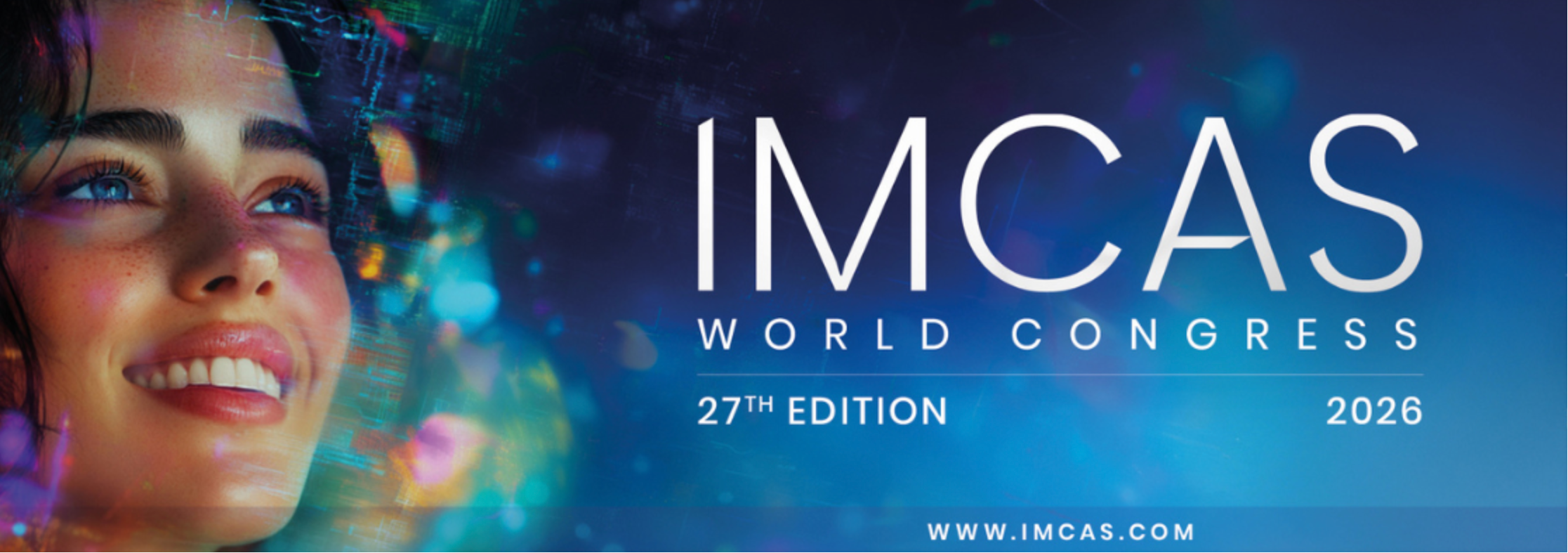 IMCAS World Congress 27ª edición 2026, evento médico con fondo digital y rostro sonriente