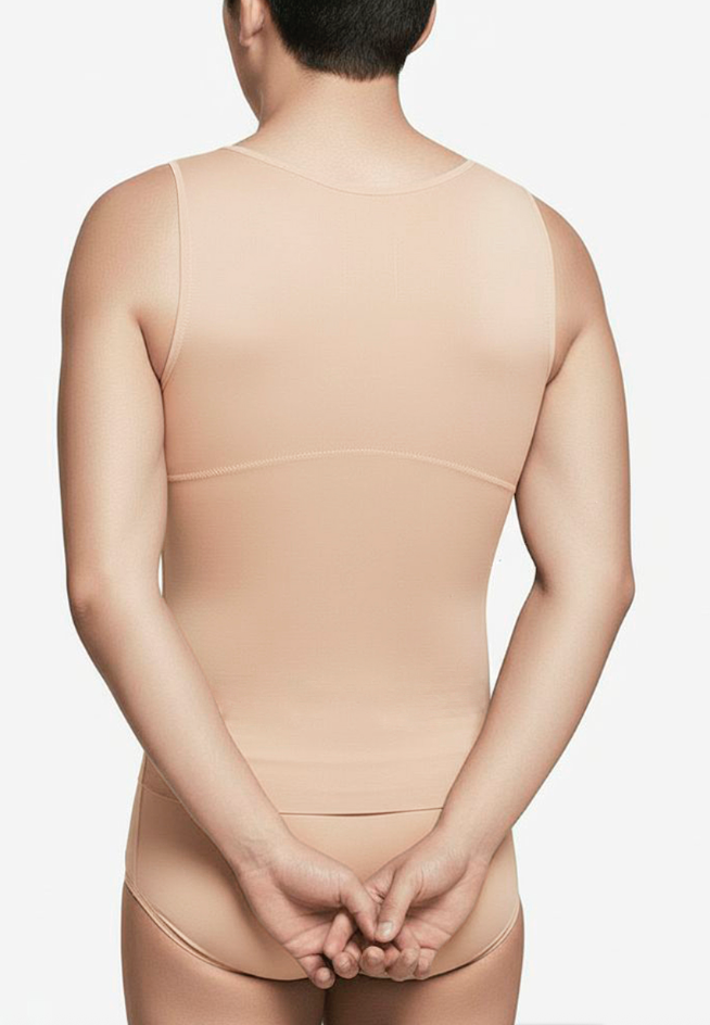 Prenda de compresión médica postquirúrgica para hombre, vista posterior, color piel, ajuste cómodo y seguro