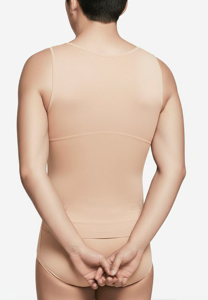 Prenda de compresión médica postquirúrgica para hombre, vista posterior, color piel, ajuste cómodo y seguro