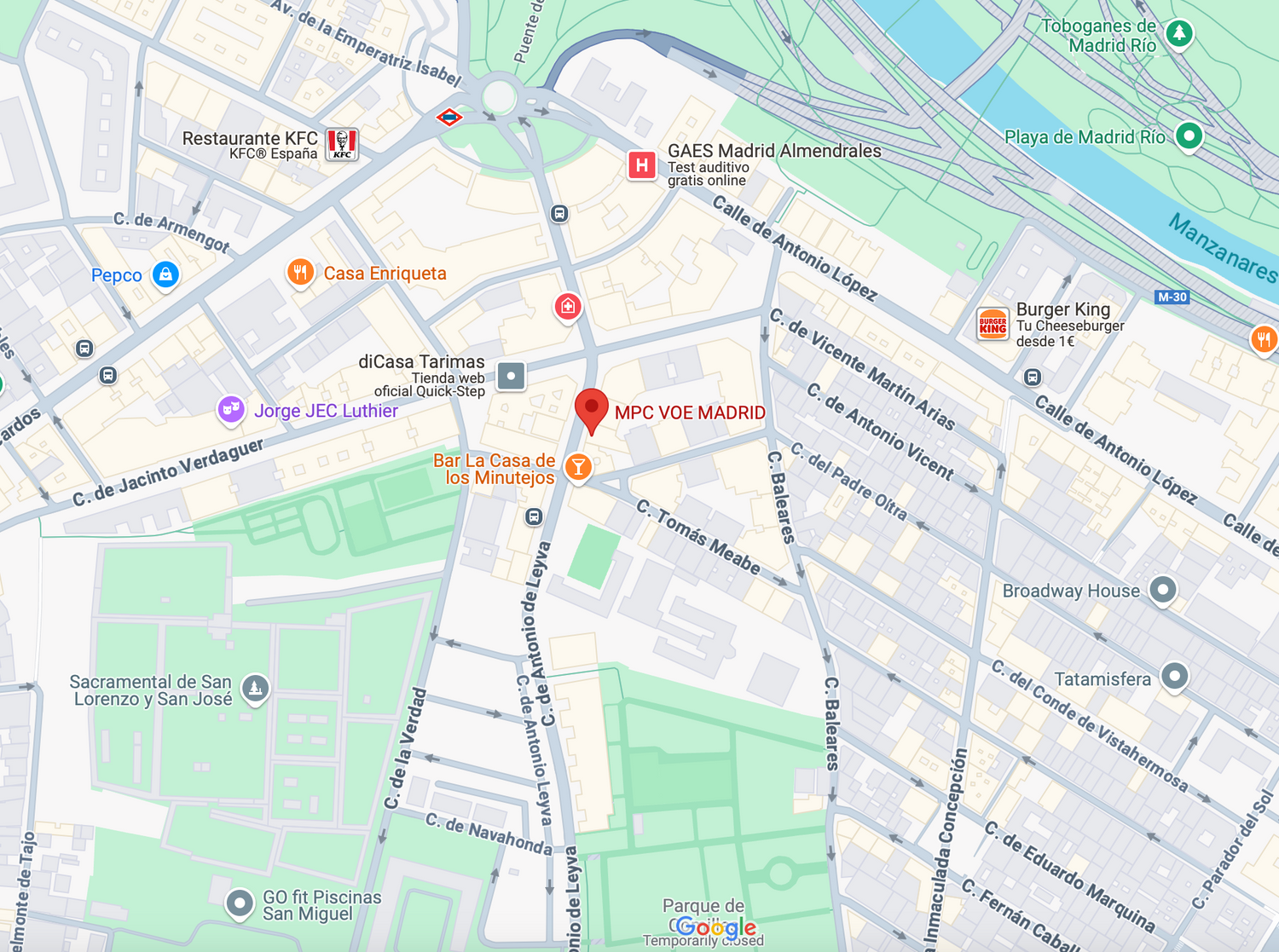 Mapa de ubicación de MPC VOE MADRID en Almendrales, cerca de Parque Madrid Río y Calle Antonio López