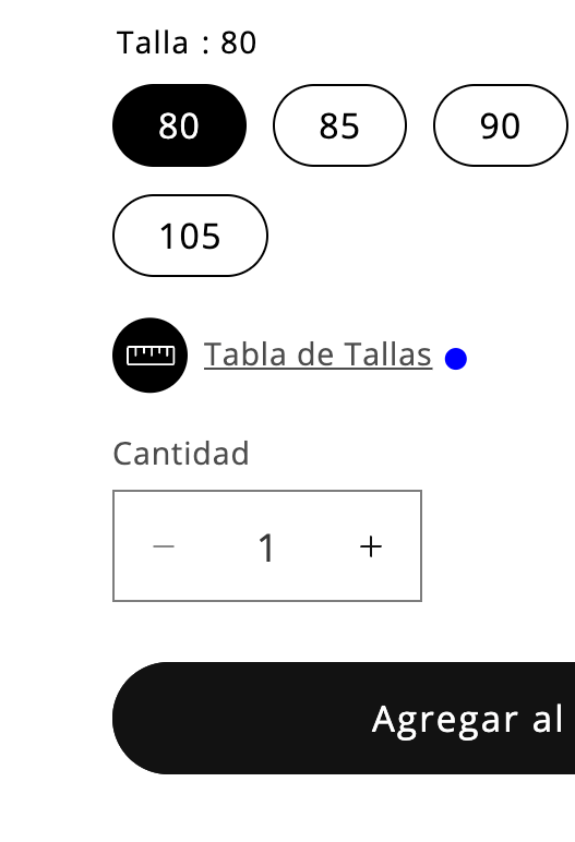 Selector de tallas para prendas de compresión médica, con opciones 80, 85, 90, 105 y botón agregar al carrito